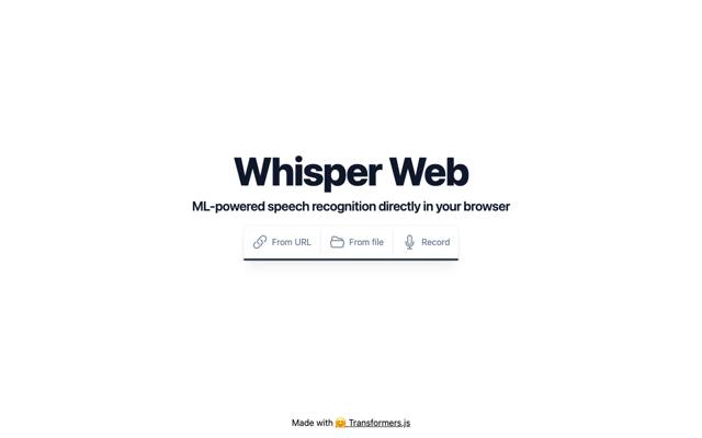 Whisper Web on Hugging Face: transcribe from a URL, from a file, or by recording